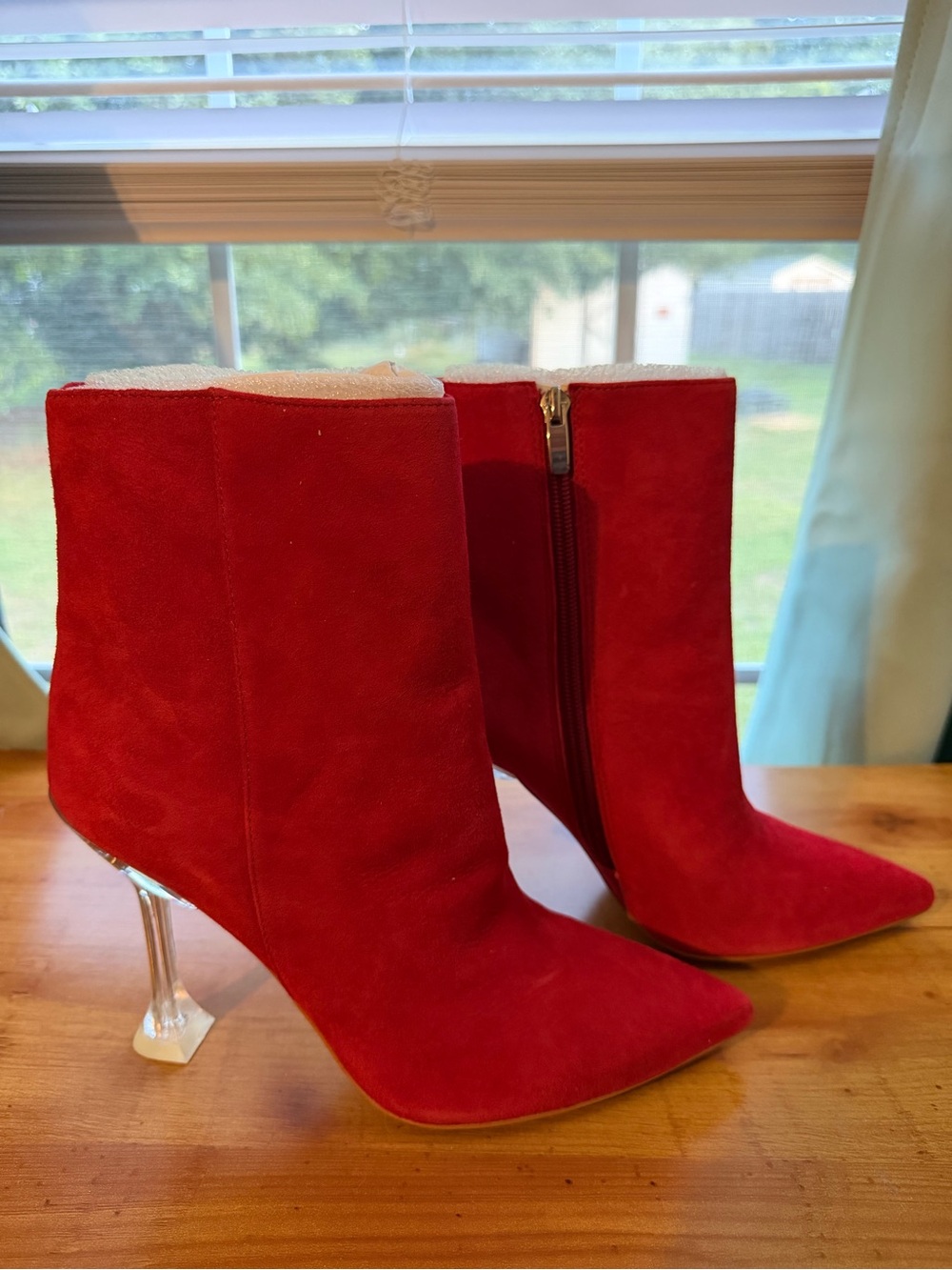 Nine West Red Suede Pointed-Toe Ankle Boots with Clear Heel Size 8M